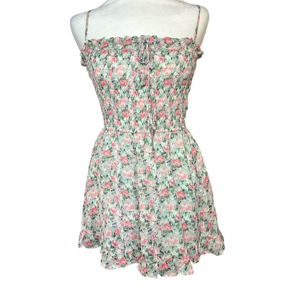 TRIXXI Junior's Romper Flare Floral Lined Size S light green w/ Pink Flowers - Picture 1 of 5